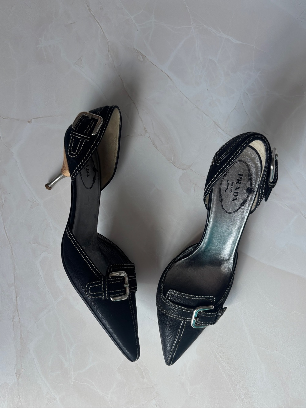 vintage Y2K Prada black leather silver buckle pointed toe kitten heel - Picture 3 of 7